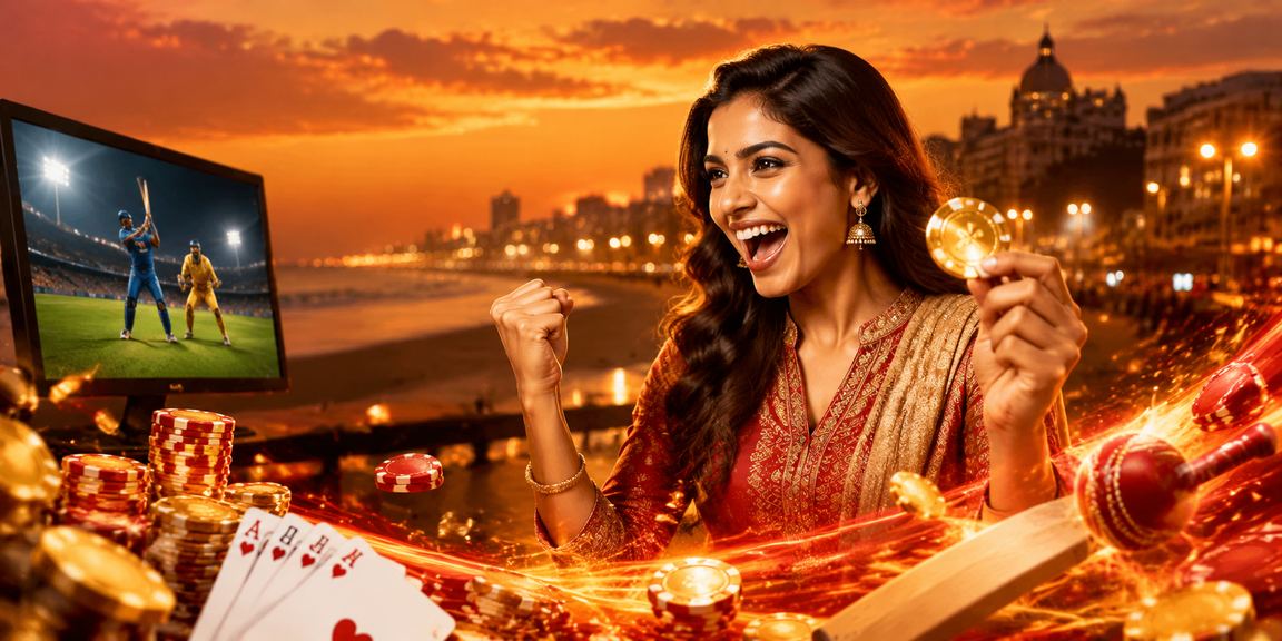 Female cricket fan in Chennai enjoying lottery and cricket betting with mobile device